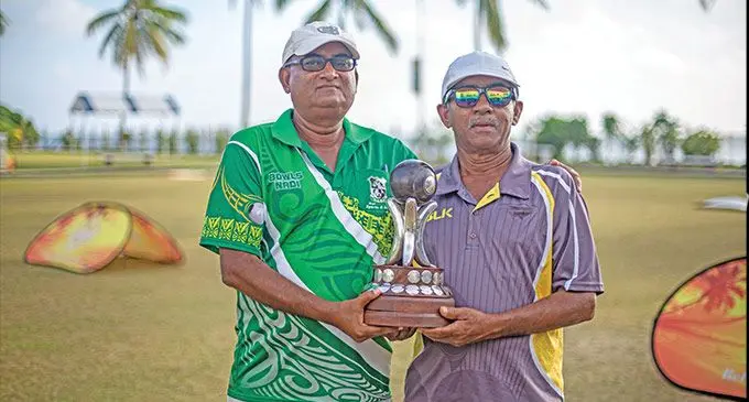 Winners of the Fiji Gold Banana Cup Munesh Kumar (left) and Arun Kumar at the Suva Bowling club on September 18, 2022. Photo: Leon Lord.