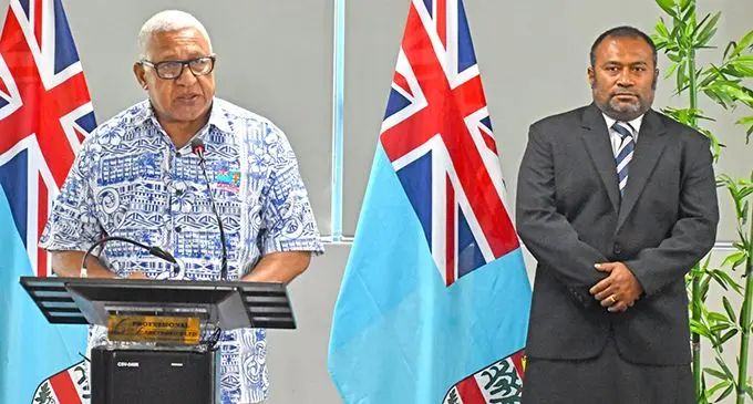 Prime Minister Voreqe Bainimarama and Minister of Health and Medical Services, Dr. Ifereimi Waqainabete at the press conference in Suva on March 25, 2020.  Photo: Ilaijia Ravuwai
