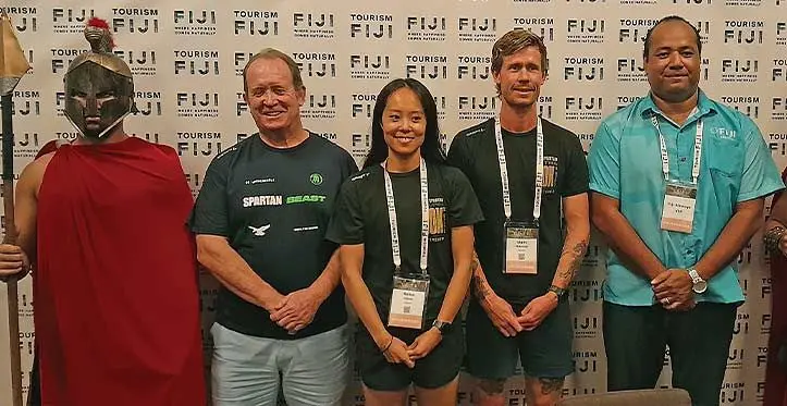 Spartan Australia managing director, Chris Heverin, with reigning champs Liam McKenzie and Reika Kijima, at the Sheraton Fiji Golf and Beach Resort on Denarau Island. Photo: Waisea Nasokia
