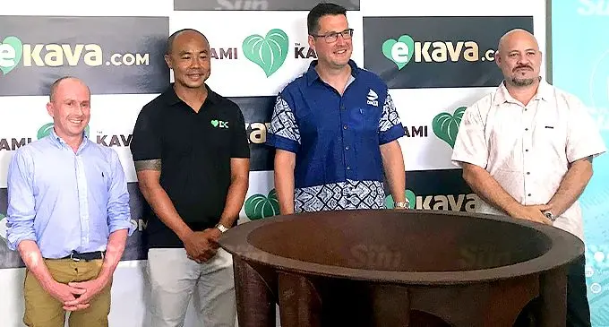 From left: Pacific Horticultural and Agricultural Market Access Plus Program (PHAMA Plus) market systems development partnership manager, Chad Morris, Lami Kava managing director, Donnie Yee, Australian Minister for International Development and the Pacific Zed Seselja, and Market Development Facility (MDF) Fiji country director, Malcolm Bossley, during a tour of Lami Kava factory at Veisari, Lami, on November 17, 2021. Photo: Frederica Elbourne