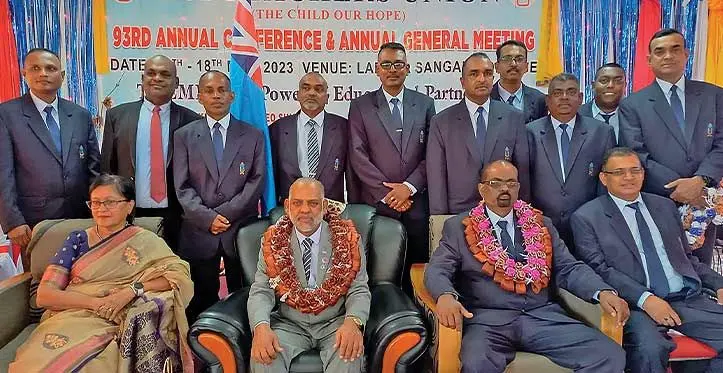 Minister for Employment, Productivity and Industrial Relations, Agni Deo Singh (sitting: second from left) and new Fiji Teachers Union (FTU) General Secretary, Muniappa Goundar (sitting third from left) during the 93rd Annual Conference and General Meeting in Labasa last week.