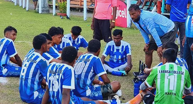 Labasa College Under-19 coach Ronil Ram talks to his players before the penalty shootout against Tavua College at Subrail Park in Labasa. Photo: Sampras Anand.