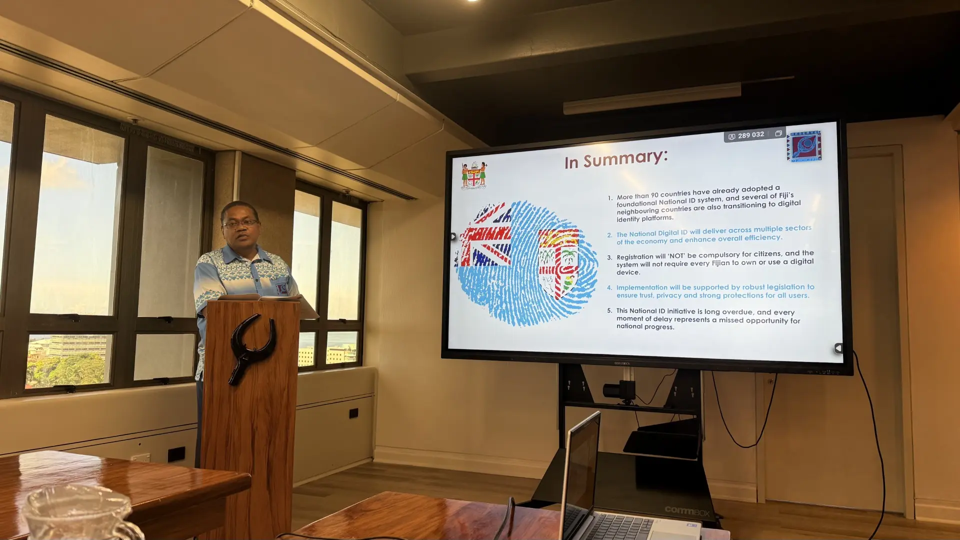 The Deputy Governor of  Esala Masitabua presenting the proposed National Identification (NID) programme at the Reserve Bank of Fiji at Suva on March 10, 2026.