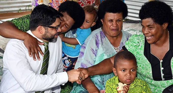 Attorney-General Aiyaz Sayed-Khaiyum with Naveicovatu villagers of Tailevu on September 10, 2019 following the launch of Global Commission and Adaptation Flagship Report.  Photo: DEPTFO News
