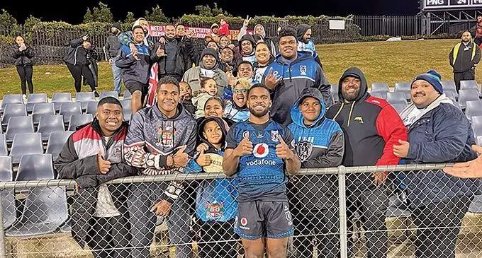 Vodafone Fiji Bati fullback Sunia Turuva with members of his family at Campbelltown Sports Stadium in Sydney, Australia, on June 25, 2022. Photo: NRL.com