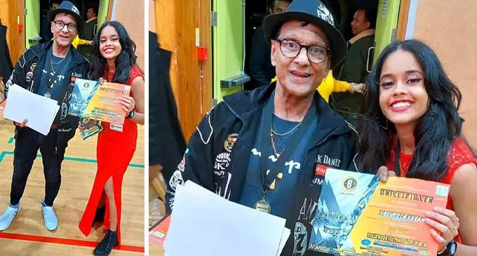 Bollywood Factor Talent Search Singers competition runner-up, Yasheeza Karan (right), with three-time  champion singer, Hari Sharma, in Auckland, New Zealand on August 27, 2022.