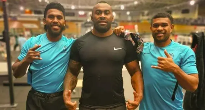 Flying Fijians players (left-right) Frank Lomani, Peni Ravai, Simione Kuruvoli during their gym session in Hamilton, New Zealand, on July 14, 2021.  Photo: FRU Media