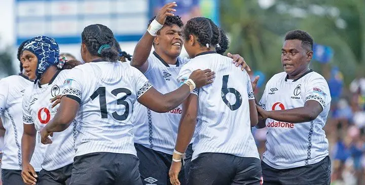 Vodafone Fijiana XV number 8 Rusila Nagasau (facing camera) congratulates captain Alfreda Fisher (6) during their Test match against the Wallaroos at the HFC Bank Stadium, Suva on May 3, 2025. Photo: Josua Buredua