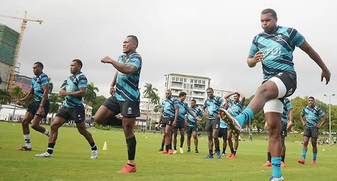 Fiji Airways Fijian 7s reps Elia Canakaivata (front from left) and Josua Vakurinabili during training at Albert Park, Suva, on May 3, 2022. Photo: Ronald Kumar