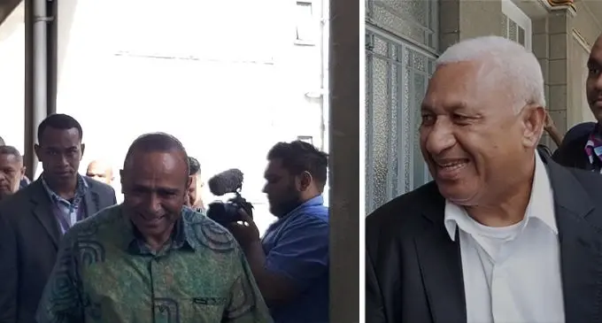 Former Prime Minister Voreqe Bainimarama (right) and suspended Police Commissioner Brigadier-General Sitiveni Qiliho (left) outside the Suva Magistrates Court . 