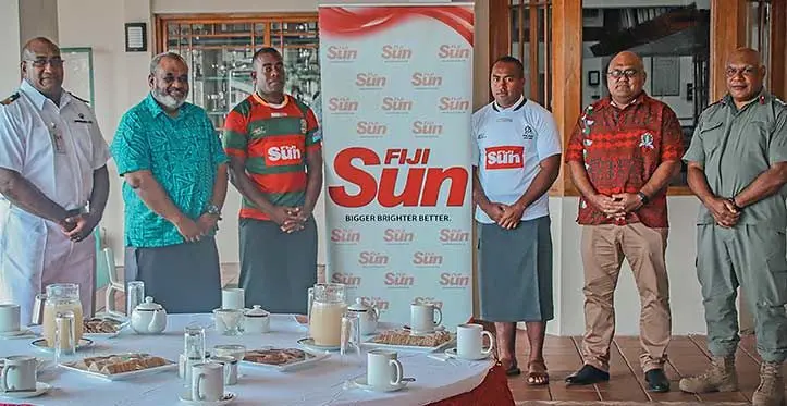From left: Lieutenant Commander (Navy) Doctor Ratu Ilaitia Tuisese, Fiji Sun managing editor sports Leone Cabenatabua, Lieutenant Ratu Emori Logavatu, Lieutenant Mataiyavusa Lea, Commodore Humphery Tawake and Brigadier General Onisimo Covunisaqa on July 2, 2023. Photo: Josua Buredua