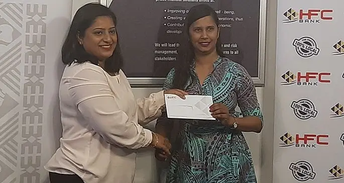 From left: HFC Bank treasurer Umesh Radhika Prasad and FENC Fiji financial controller Priya Lata during the cheque presentation in Suva on June 12, 2020. Photo: Shreeya Verma