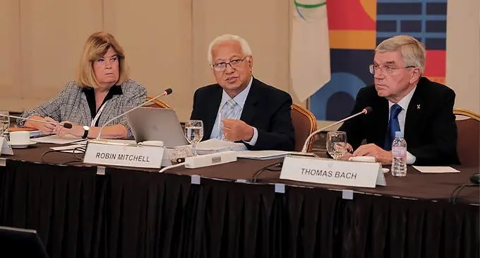 From left: Secretary-General of ANOC Gunilla Lindberg and IOC president Thomas Bach flank Robin Mitchell, acting president of ANOC whose term expires at this ANOC general assembly. Dr Mitchell is expected to be elected as permanent president in two days’ time. Photo: ONOC
