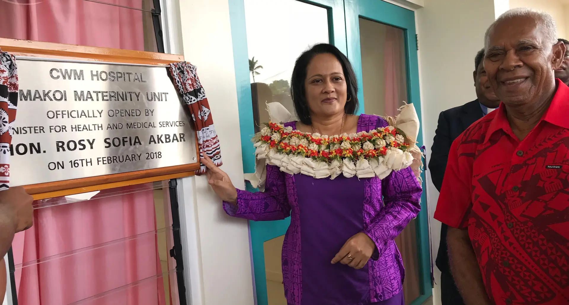 Minister for Health and Medical Services, Rosy Akbar unveils the plaque with Turaga Na Tui Kalabu, Ratu Paula Nawiriwiri, during the opening of the new Makoi Maternity Unit on February 16, 2018.  Photo: Ashna Kumar