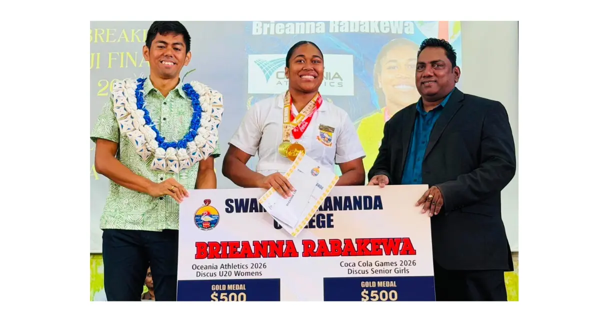 Former swimming champion Dr Taichi Vakasama, Brienna Rabakewa and principal Rajesh Krishna on July 3, 2026.