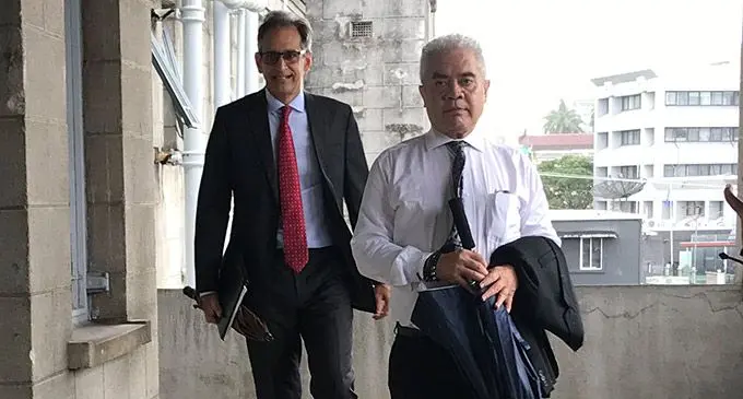 Suva lawyer accused of contempt of Court, Richard Naidu with his lawyer Jon Apted of Munro Leys outside  the Civil High Court in Suva on July 26, 2022. Photos: Ashna Kuma