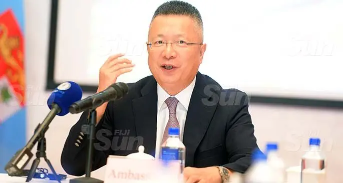 Chinese Ambassador to Fiji Qian Bo addressing the media and university scholars at the Embassy of the People’s Republic of China in Suva on March 16, 2021. Photo: Ronald Kumar