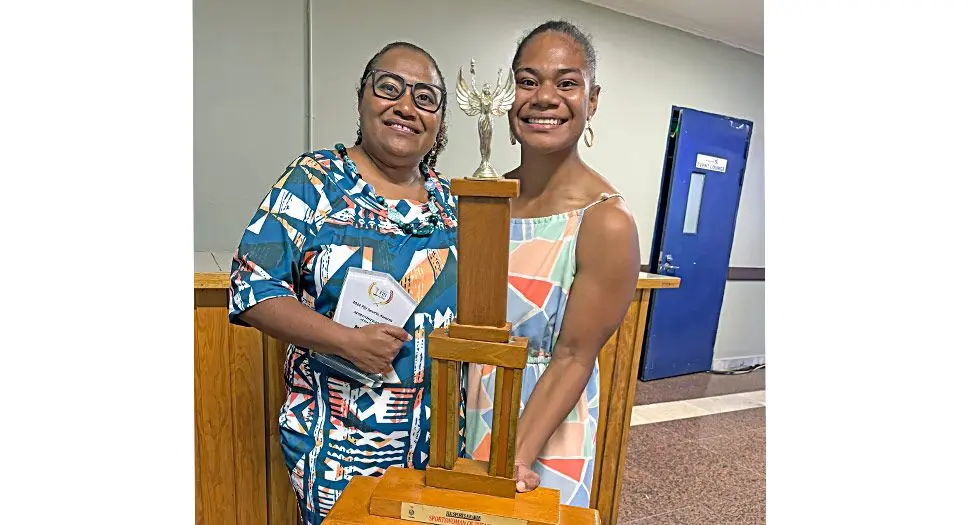 Weightlifting Fiji president Della Shaw-Elder (left) and Miriama Waruvono Taletawa during the Fiji Sports Awards Night on March 22, 2025 . Photo: Sereana Salalo.