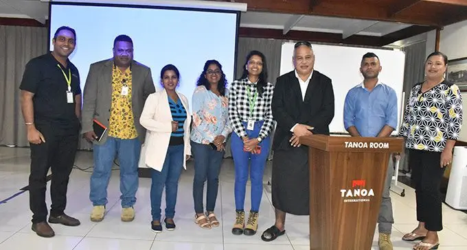 Fiji Commerce and Employers Federation industrial relations consultant Noel Tofinga (third from leftt) is flanked by Miri Bulu Kavita Nair and Amitesh Chand, during consultation at the Tanoa International Hotel, Nadi. Photo: Mereleki Nai.