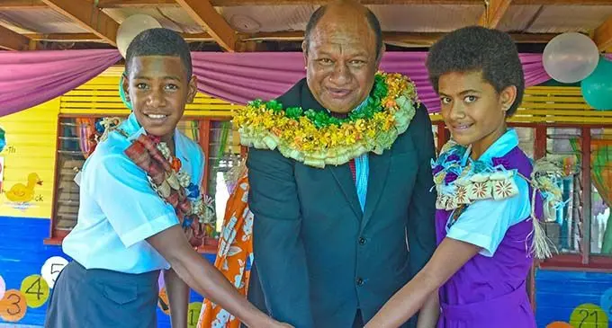 Head boy Maleli Nauvasi, Minister for Forestry Osea Naiqamu, and head girl Salanieta Viriviri at Vunayasi District School in Dratabu, Nadi, on March 1, 2019.  Photo: Waisea Nasokia
