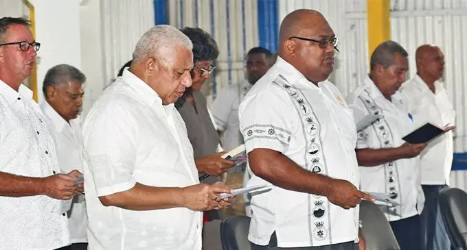 Prime Minister Voreqe Bainimarama (front/left), with Republic of Fiji Military Forces Naval Commander, Commodore Humphrey Tawake, during a church service at the Stanley Brown base in Walu Bay, Suva, on March 6, 2022. Photo: Office of the Prime Minister