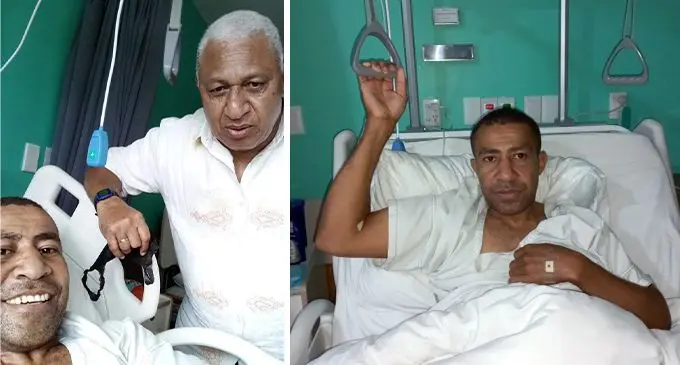 Joji Tuipolotu with Prime Minister Voreqe Bainimarama and Joji in his hospital bed. Photo: Pita Ligaiula FB Page