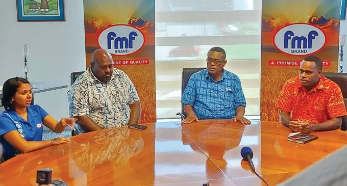 From left, Flour Mills of Fiji Foods Limited marketing manager Amrita Priyadarshani, Nukuvuto Zone chairman Samuela Murica, FMF Foods Limited operations manager Jimi Taniela, Victorian 7s official Koroibulu Roqica during the press conference at the FMF Foods Limited headquarters at Walu Bay, Suva, on April 7, 2021. Photo: FMF Foods Limited