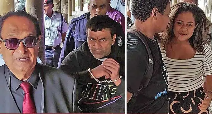 Defence lawyer Iqbal Khan and his client Alzaid Shain Rizwan Ali. (Right) Grace Katia Liuvoliga is escorted out of the Lautoka Magistrate’s Court on February 22, 2024. Photo: Salote Qalubau