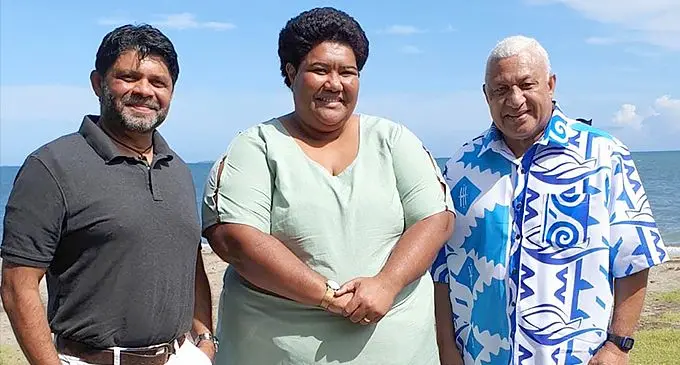 From left: General Secretary of the FijiFirst party, Aiyaz Sayed-Khaiyum with new party president Marama Na Taukei Naua; Adi Tema Sovau with FijiFirst Party leader and Prime Minister Voreqe Bainimarama.