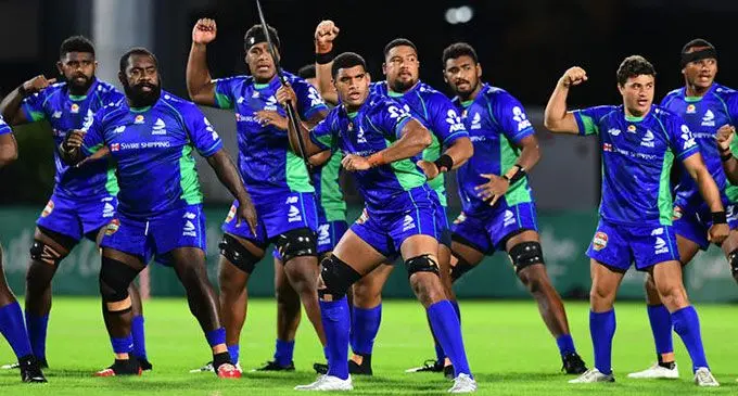 Meli Derenalagi leads the Swire Shipping Fijian Drua performing the Na Bole before their Super Rugby Pacific clash against Rebels. The Drua will take on the Blues at AAMI Park in Melbourne, Australia, this Saturday. Photo: Photosport