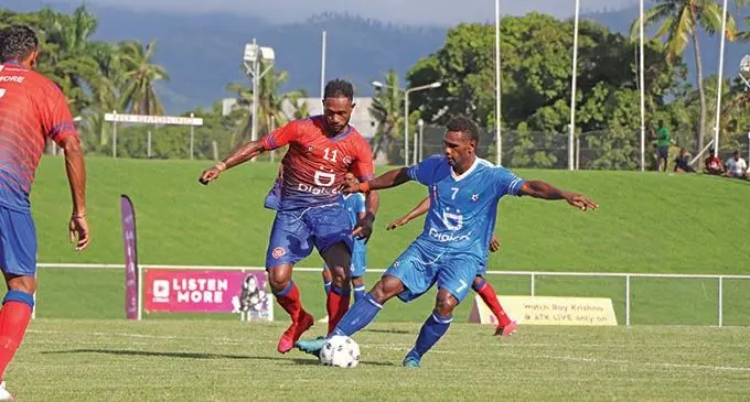Lautoka midfielder Dave Radrigai controls the ball as Navua’s Thomas Dunn closes in during the Digicel Premier League clash at Churchill Park, Lautoka,  on March 7, 2021. Photo: Fiji FA Media