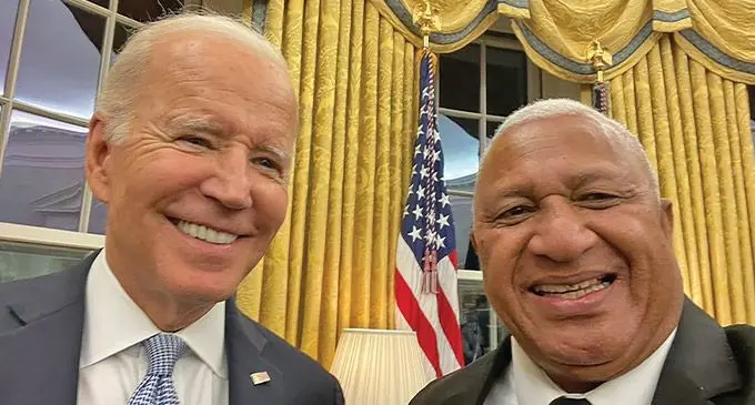 United States President Joe Biden and our Prime Minister Voreqe Bainimarama take a selfie at the U.S. Pacific Island Country Summit in Washington, DC. Photo: Office of the Prime Ministe