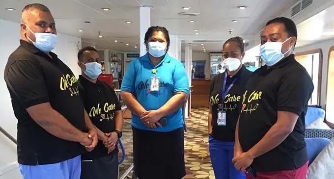 Fiji Emergency Medical Assistance Team (FEMAT) Team Charge Kameli Tupou, Staff Matia Diwaliwali, Staff Veniana Dimaiwaiki, Sister Selaima Matagasa Tuisavuna and Charge Maciu Navitilevu onboard the MV Reef Endeavour.