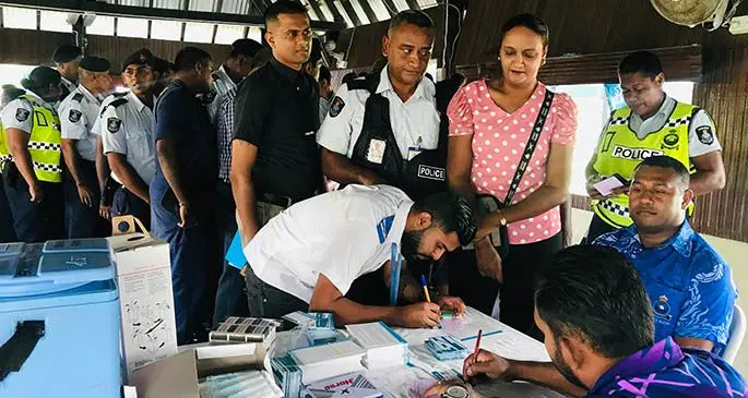 Police officers in the Northern Division who have received their first jab of the COVID-19 vaccine at the Labasa Police Station bure yesterday.