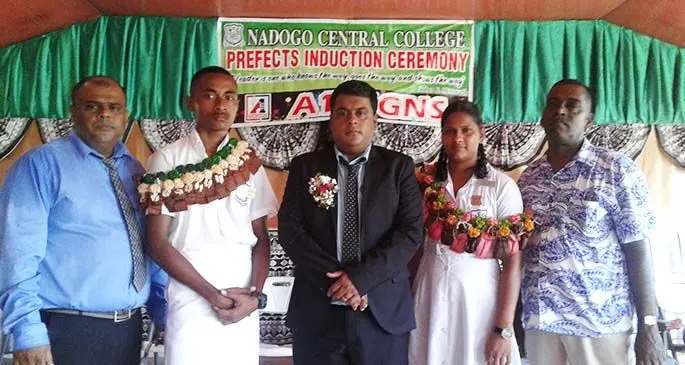 From Left:  Nadogo Central College principal Mohammed Khan, head boy Vilimone Kolivuso, chief guest senior education officer Northern Dharmendra Dayal, head girl Vandhana Prasad and school manager  Kamlesh Reddy in Nadogo, Macuata Province, on February 7, 2020. 