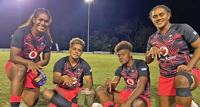 Vodafone Fijiana XVs reps (from left) Setaita Railumu, Jennifer Ravutia, Merewalesi Rokouono and Salanieta Kinita in Brisbane, Australia, on June 2, 2024.