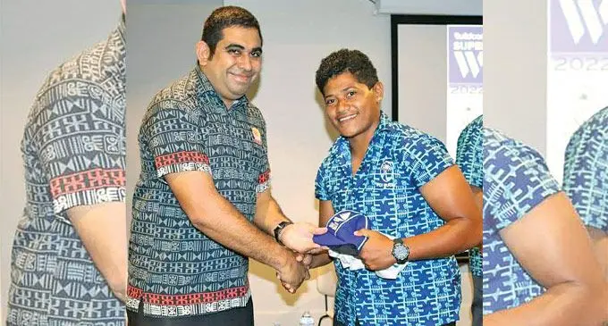 Rooster Poultry chief executive officer Stanley Raniga and Fijiana Drua prop Joma Rubuti.