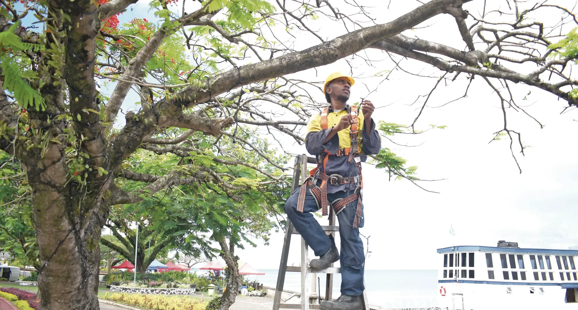 Suva City Council electrical contractor, Power Electric electrician Eliki Seruvatu puts up lights along the Suva foreshore. Photo: Ronald Kumar