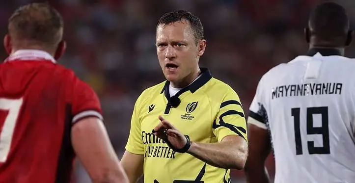 England referee Matthew Carley during the RWC 2023 match between Wales v Fiji. Source: AFP