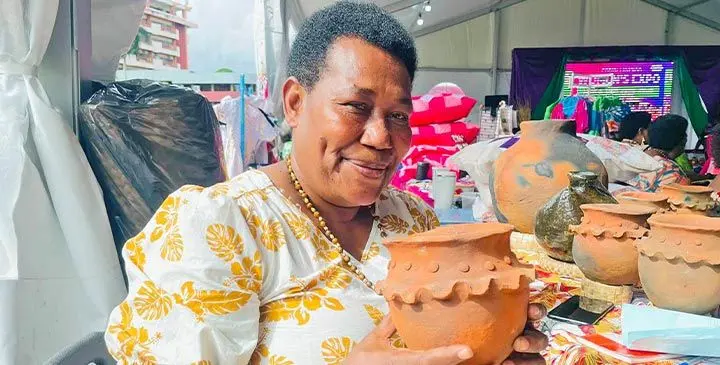 Maria Salanieta holding her hand made pottery at the Suva Civic Centre on June 12, 2025. Photo: Rariqi Turner