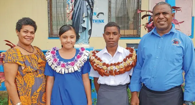 From left: Saint Thomas Primary School Year Eight teacher Ana Chambers, head girl Abigail Wilson, head boy Sisa Bakewa and head teacher Waisake Eceece at the school on February 1, 2019. Photo: Nicolette Chambers