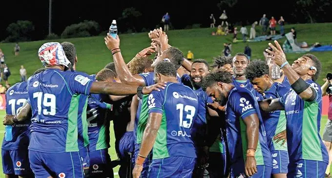 Swire Shipping Fijian Drua players celebrate their first Super Rugby Pacific win at the Sunshine Coast Stadium in Queensland on March 4, 2022. Photos: Fijian Drua