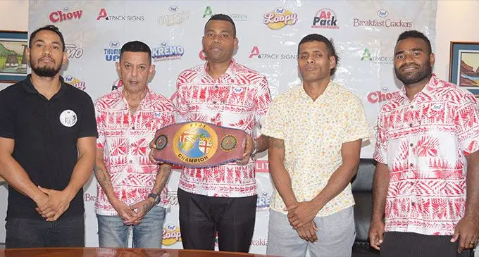 From left: Winton Hill, chief executive officer FMF Foods Limited Sanjay Punja, Alan Kumar (promoter), Jese Ravudi and Jerry Tuwai in Suva on April 29, 2023. Photo: Ronald Kumar