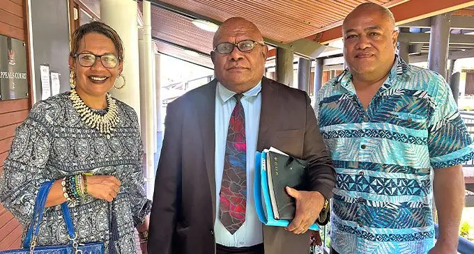 Veronica Malani, her lawyer Sitiveni Raikanikoda and Manoa Malani outside the Veiuto Court Complex in Suva on October 2, 2024.