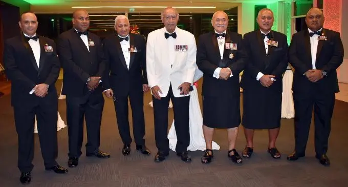 From left, Police Commissioner Brigadier General Sitiveni Qiliho, 3FIR CO Lieutenant-Colonel Penioni Naliva, Prime Minister Voreqe Bainimarama, Speaker of Parliament Ratu Epeli Nailatikau, President Jioji Konrote, Ministry of Foreign Affairs Permanent Secretary Ioane Naivalurua and Chief of Navy Captain (Navy) Humphrey Tawake.   Photo: RFMF Media Cell