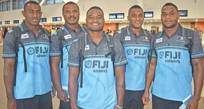 Fiji Airways Drua reps, Ulaiyasi Lawavou, Peceli Nacebe, Jone Navori and Ifereimi Tovilevu at the Nadi International Airport. Photo: Waisea Nasokia