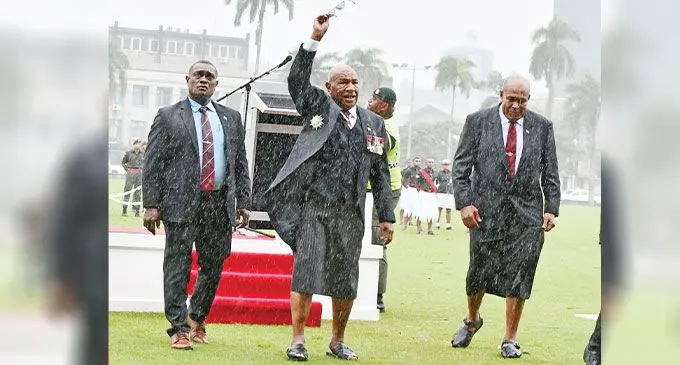 Prime Minister Sitiveni Rabuka braved the rain during the Ratu Sukuna Day celebration at Albert Park on May 31, 2024. Photo: Ronald Kumar