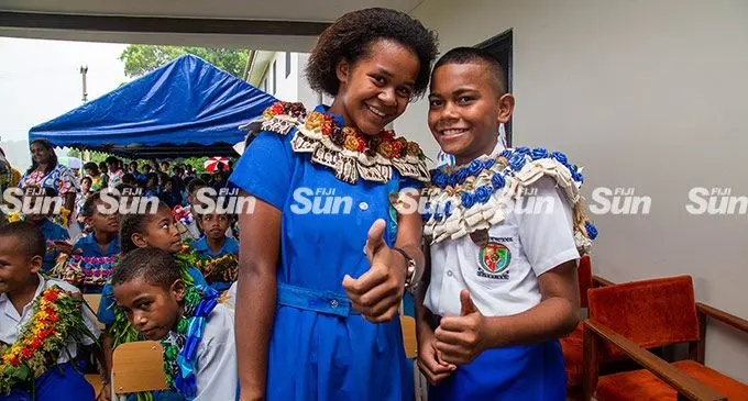 Lawaki Primary School head girl Maria Finau (left) and head boy Atunaisa Vitaqwai during their prize giving ceremony at Queen Victoria School on April 1, 2022. Photo: Leon Lord