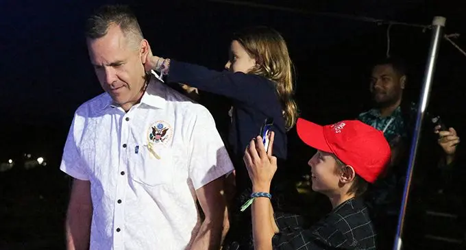 United States of America’s Ambassador to Fiji Joseph Cella has his new haircut admired by his children during the WOWs Kids Charity Save or Shave it Fundraiser on August 15, 2020.   Photo: Kelera Sovasiga