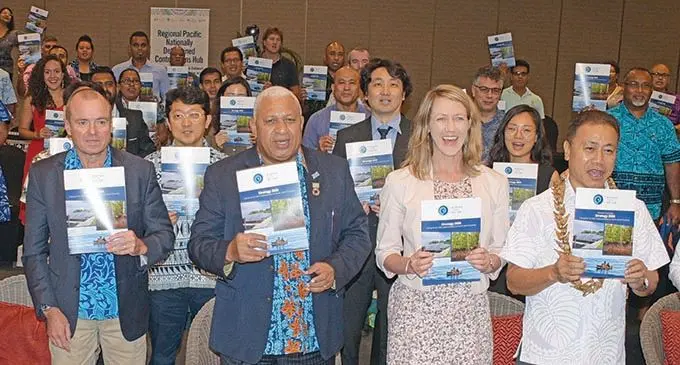 Front from left: Australian High Commissioner to Fiji John Feakes, Prime Minister Voreqe Bainimarama, Deputy Australian High Commissioner to Fiji Michelle Podmore and Samoan High Commissioner to Fiji Aliioaiga Feturi Elisaia with other participants at the lauch of the regional Pacific NDC hub’s strategy 2030 at the Grand Pacific Hotel on April 8, 2021. Photos: Ronald Kumar